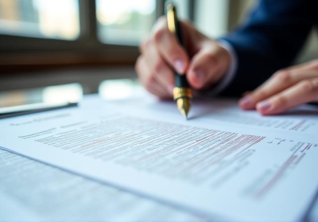 Close-up of a legal professional reviewing complex contracts with a fountain pen and professional documents