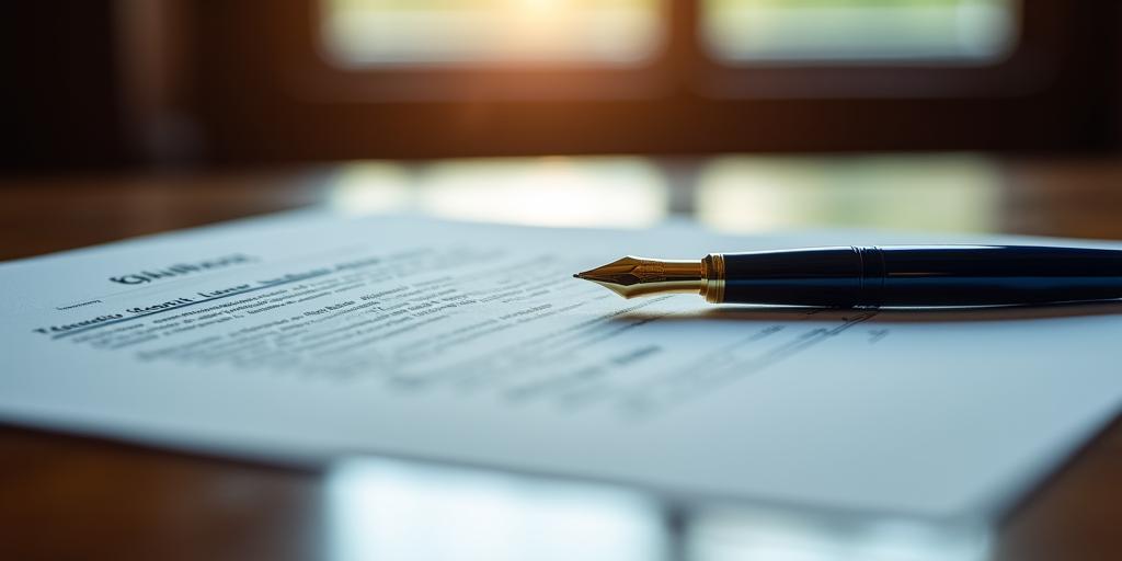 Close-up of a professional desk with legal documents and a fountain pen, representing Lumina Pact's attention to detail.